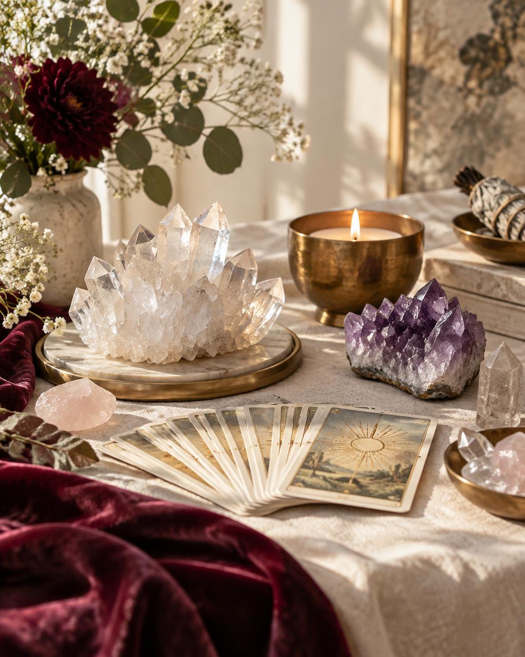 Crystals, candles, and tarot cards on Sylvia's reading table