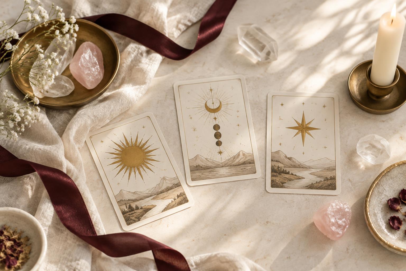 Tarot cards, crystals, and a candle arranged for a reading